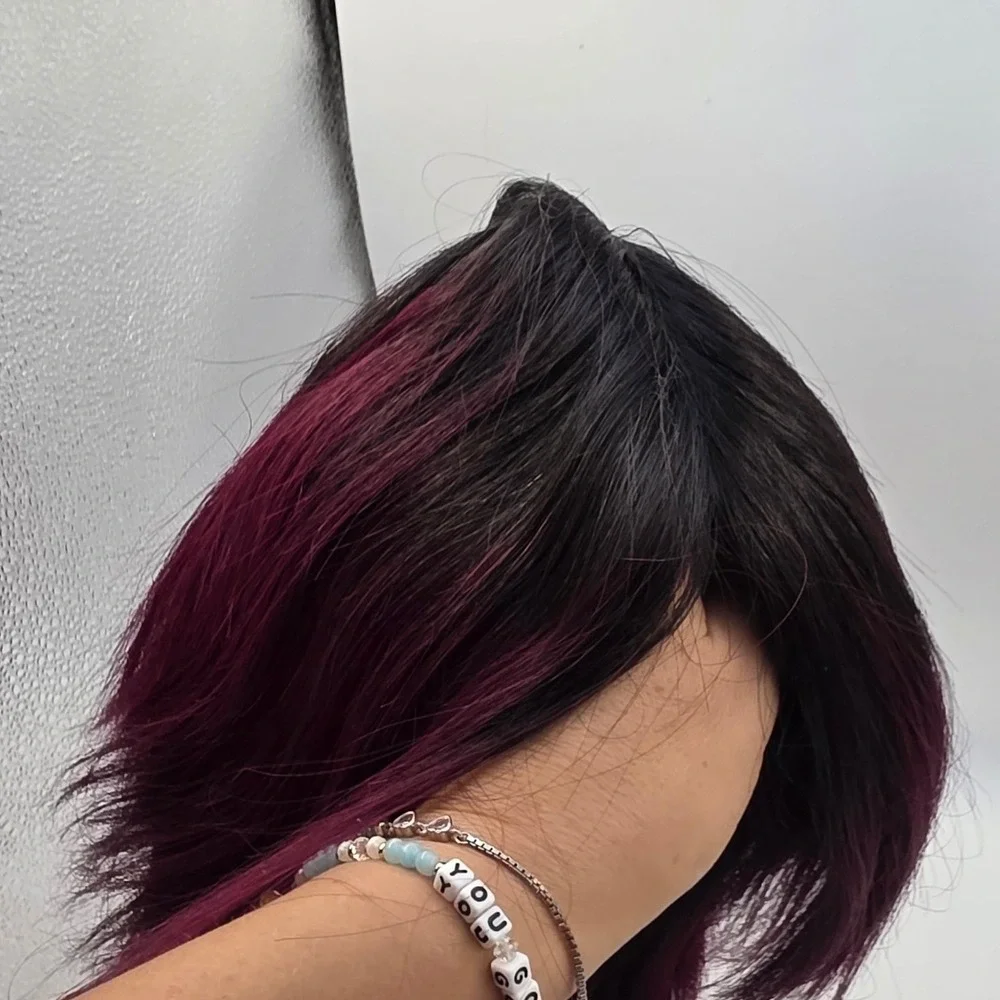 100% Human Hair Ombre Magenta Purple Bob Wig Dark Roots Layered Short Style